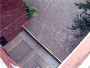 FloodBreak Automatic flood barrier system deployed to protect the garage from flood damage